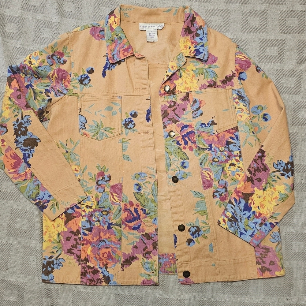 Womens Susan Graver MultiColor Floral Pattern Button Up Jacket Size M